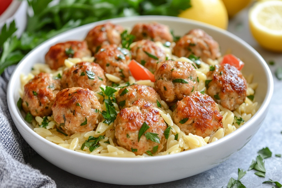 Greek Chicken Meatballs with Lemon Orzo
