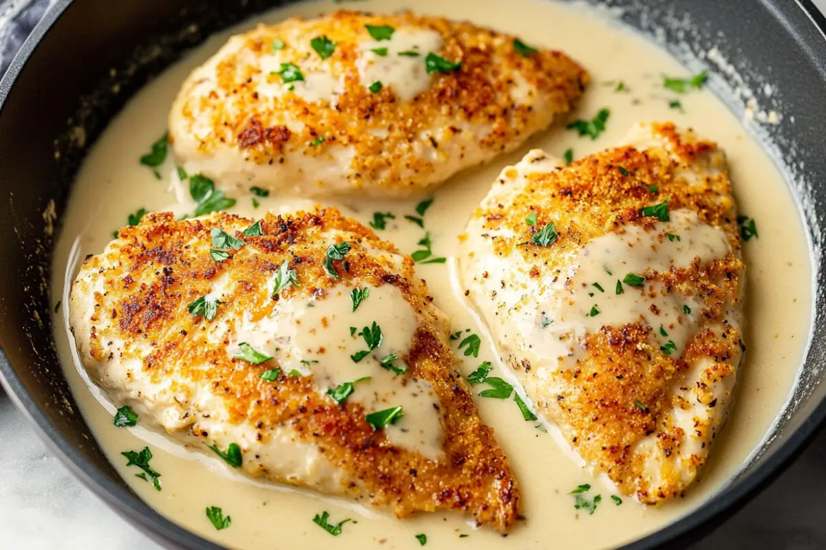 Parmesan Crusted Chicken with Creamy Garlic Sauce