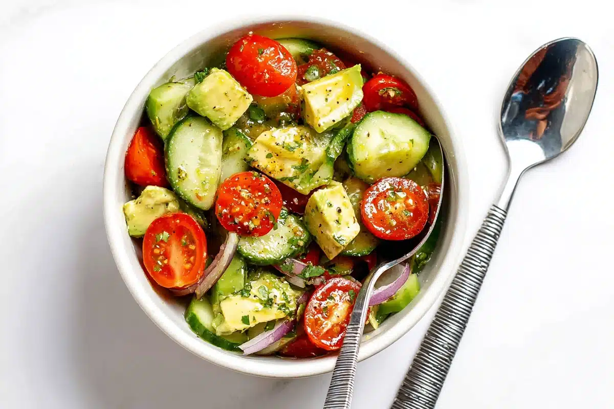 Cucumber Tomato, Avocado Salad: The Summer Salad You’ll Be Making on Repeat 4 Avocado salad with cucumber and tomato in a white bowl