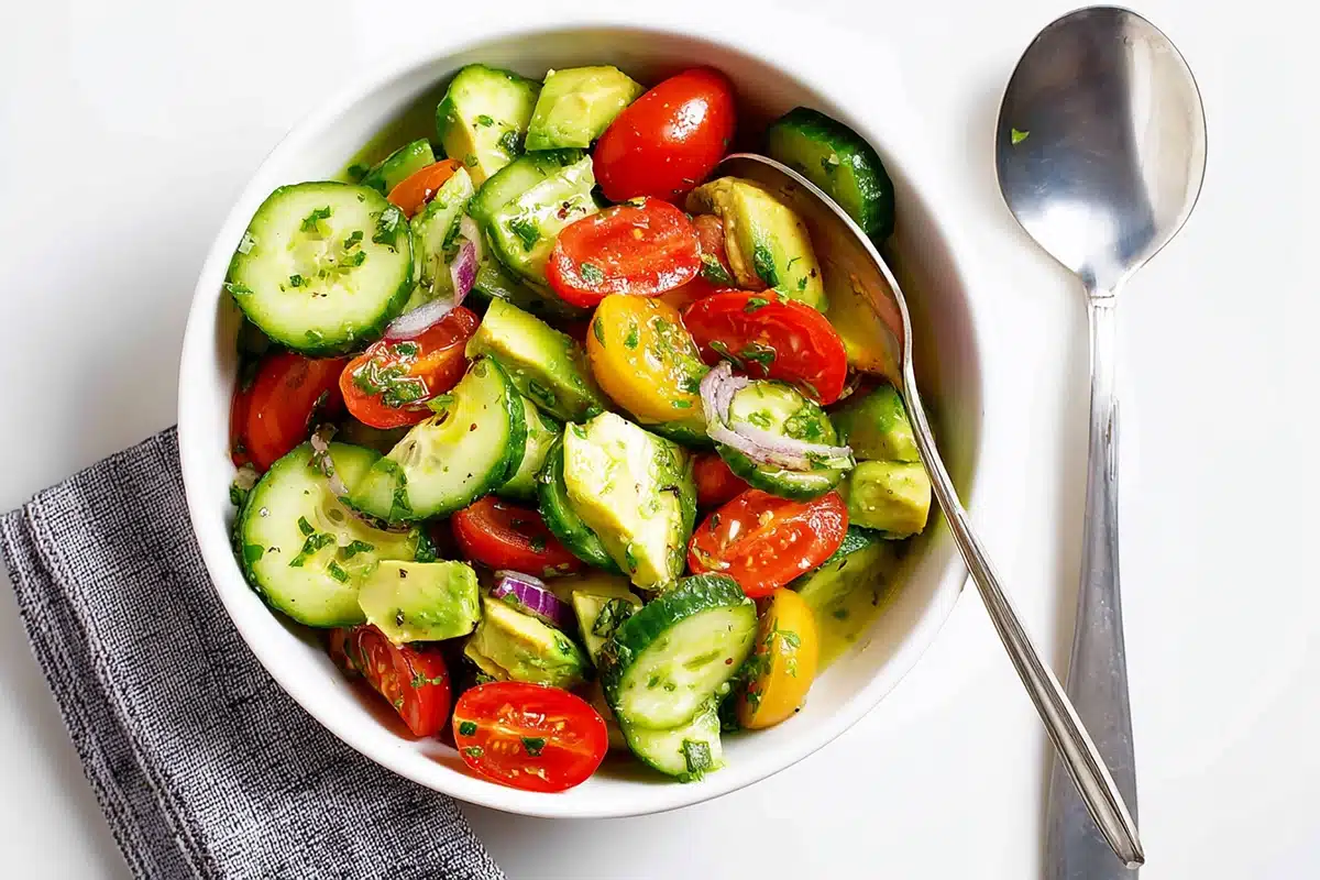 Avocado salad with cucumber and tomato in a white bowl