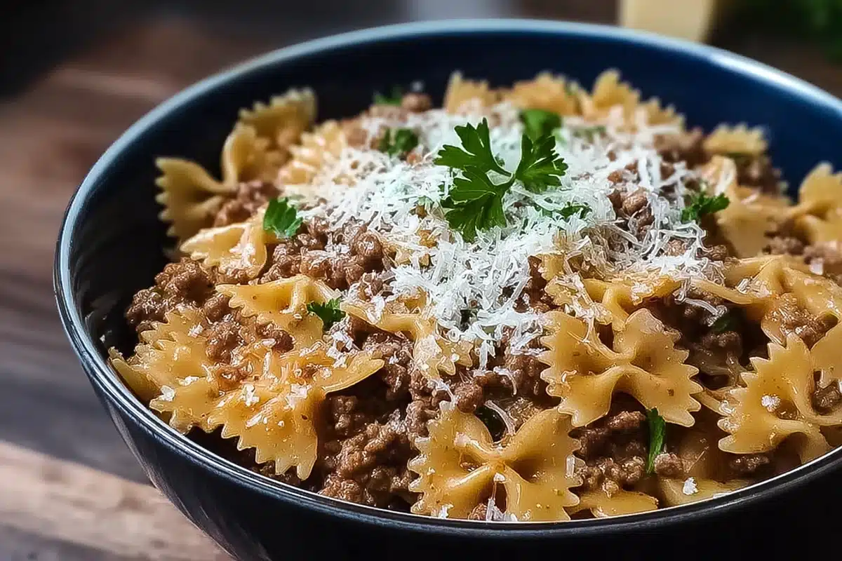 Garlic Parmesan Bowtie Pasta with Creamy Beef recip
