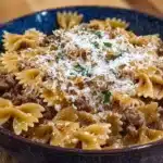 Garlic Parmesan Bowtie Pasta with Creamy Beef recipe