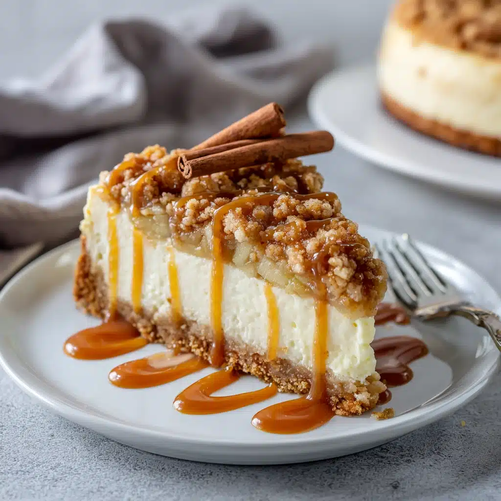 serving slice of apple crumble cheesecake