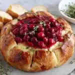 brie cranberry christmas wreath appetizer on table