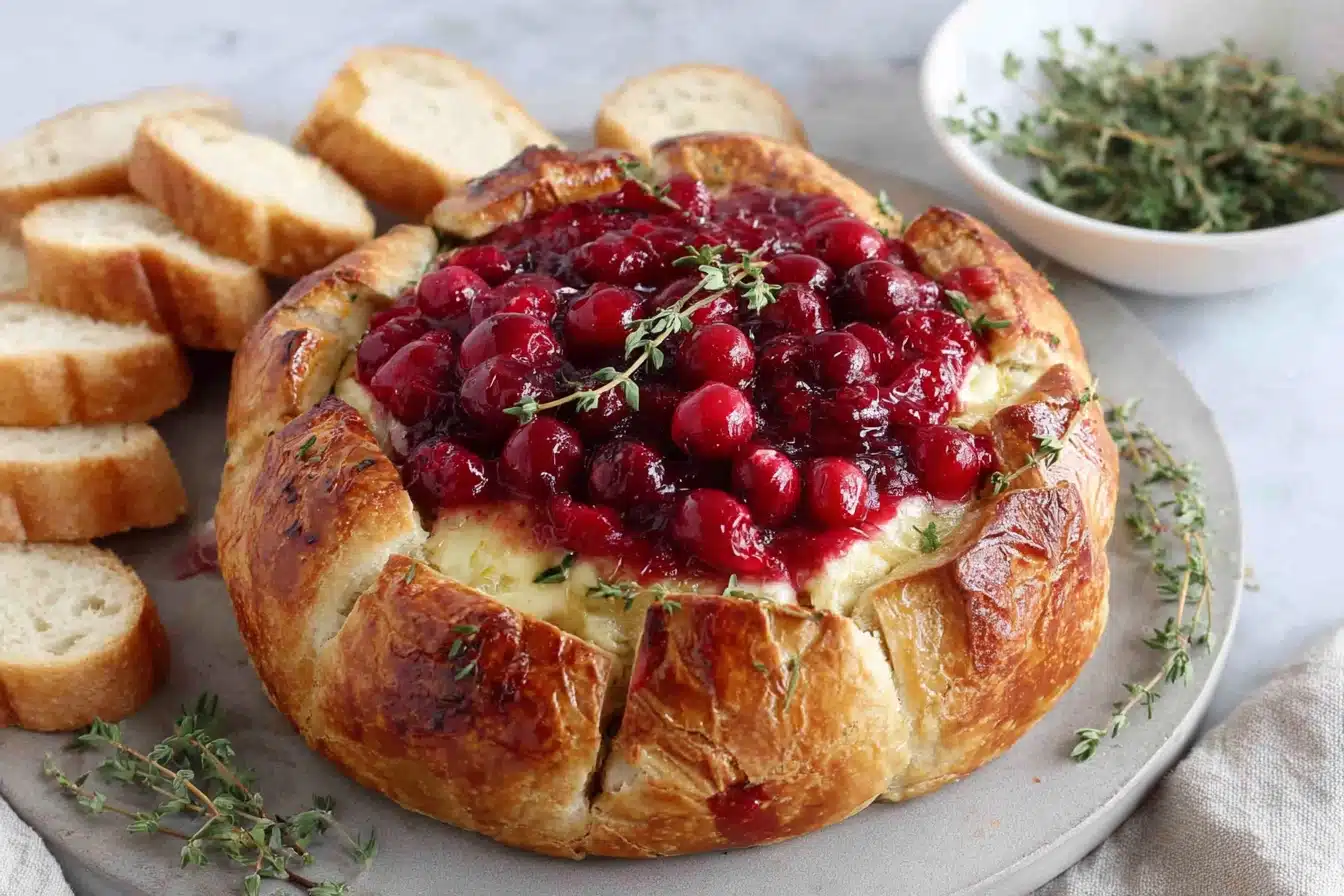brie cranberry christmas wreath appetizer on table