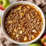 Caramel apple dip with cream cheese on wooden table