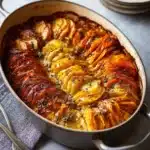 Cheesy Root Vegetable Gratin baked golden with colorful layers