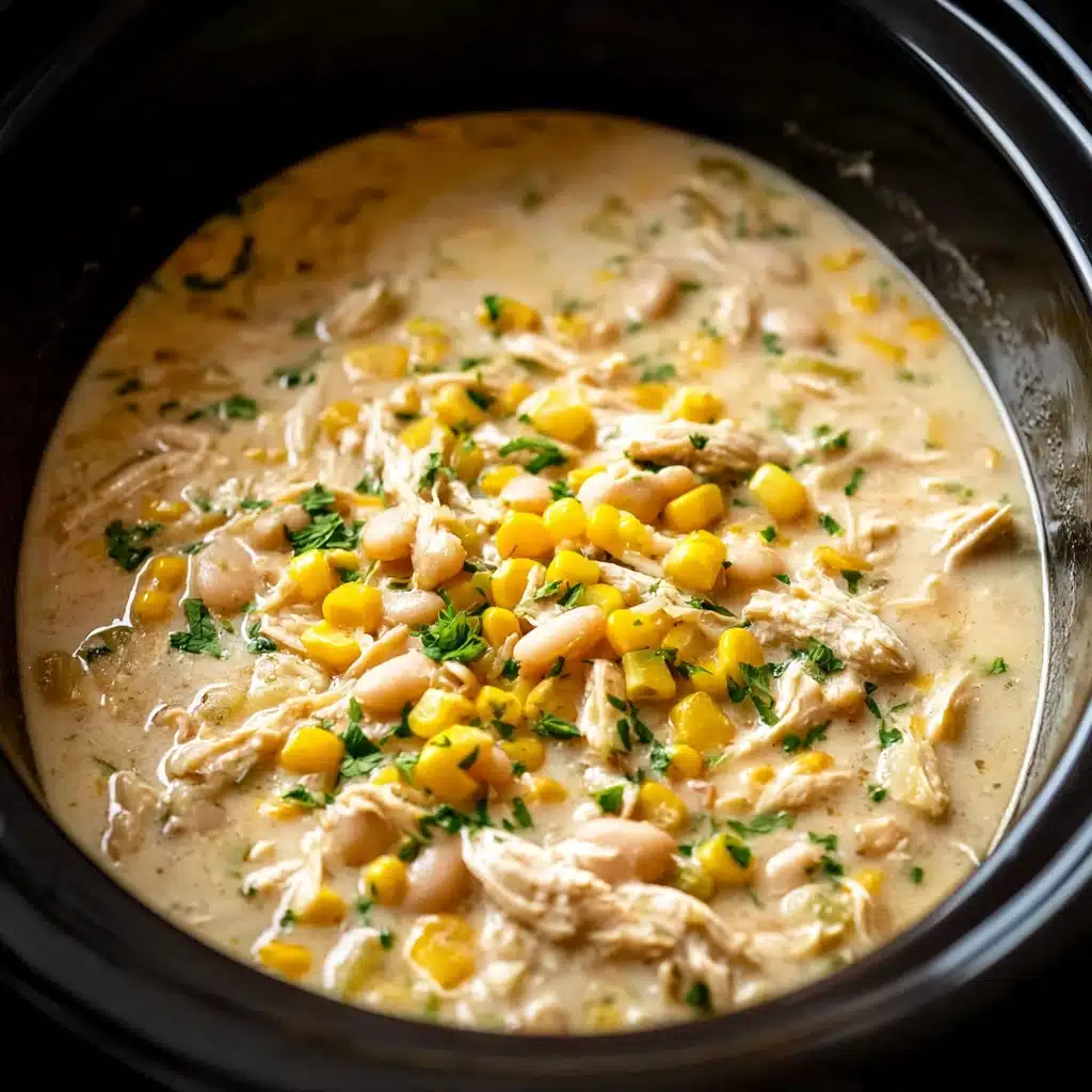 crockpot white chicken chili soup in rustic bowl