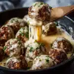 French Onion Meatballs in skillet with melted Gruyère cheese