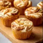 pumpkin cream cheese swirl muffins on rustic table