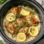 Slow cooker lemon herb chicken and rice served in a rustic bowl