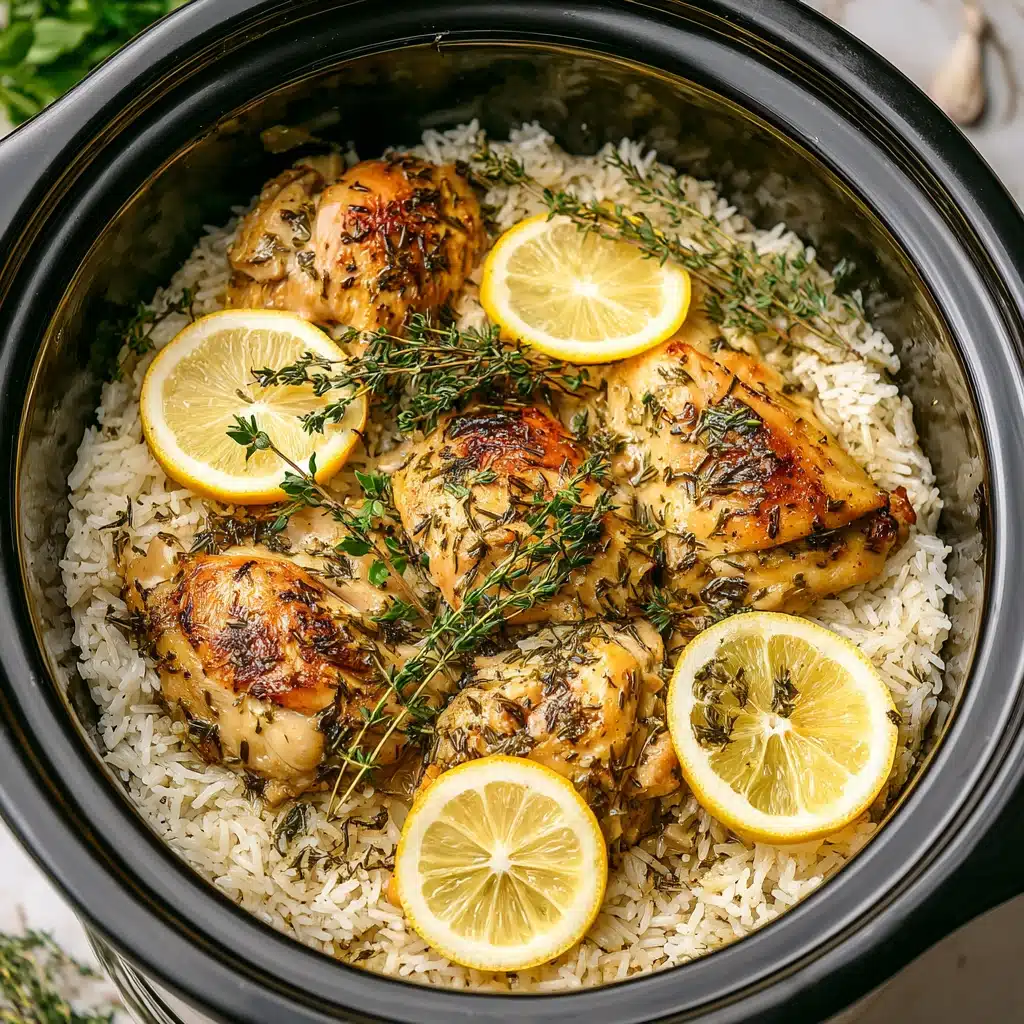Slow cooker lemon herb chicken and rice served in a rustic bowl