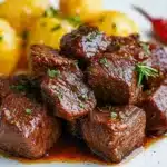 garlic butter steak bites and potatoes