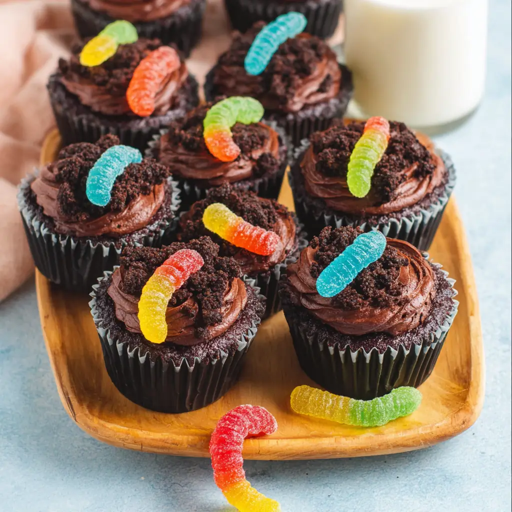 Dirt cupcakes with gummy worms