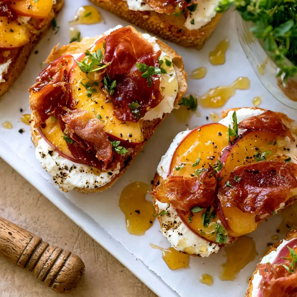 Peach Burrata Crostini with Parmesan Crusted Bread and Hot Honey 4 Peach Burrata Crostini
