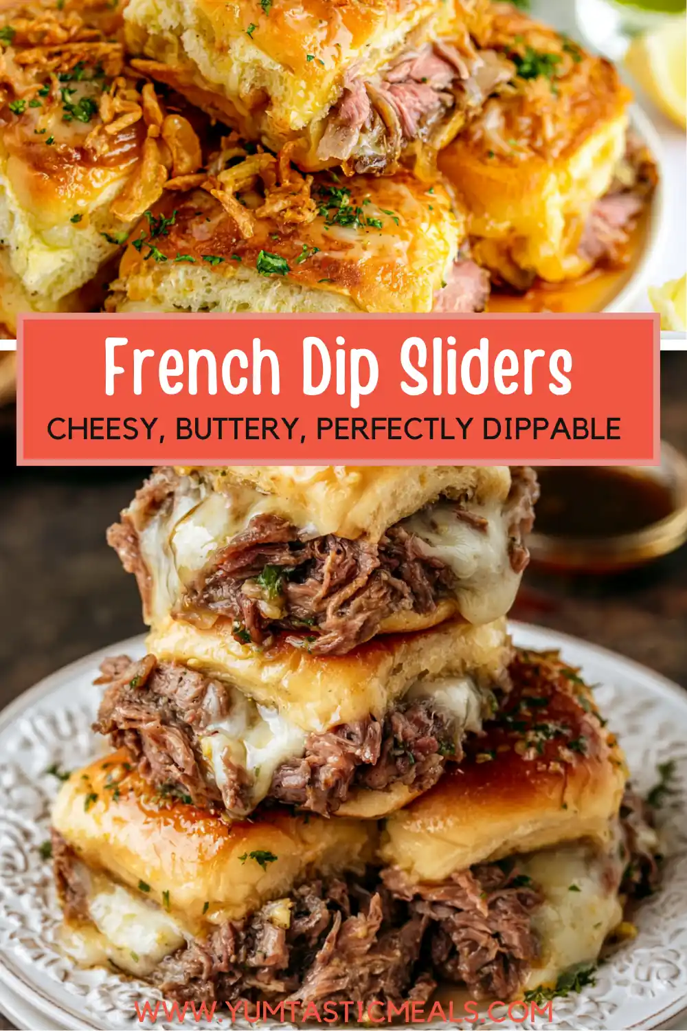 French Dip Sliders with Caramelized Onions and Au Jus 6 French Dip Sliders